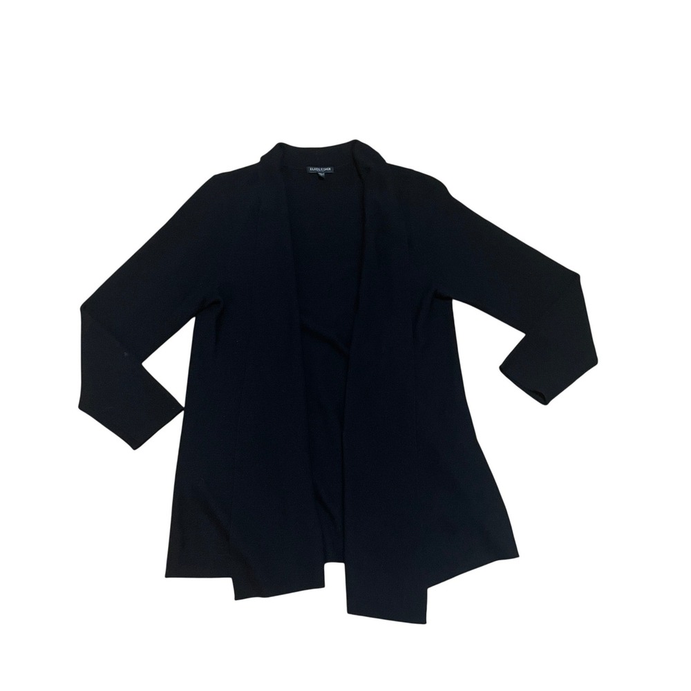 Eileen Fisher Petite Large Black 100% Merino Wool Open Front Cardigan Sweater